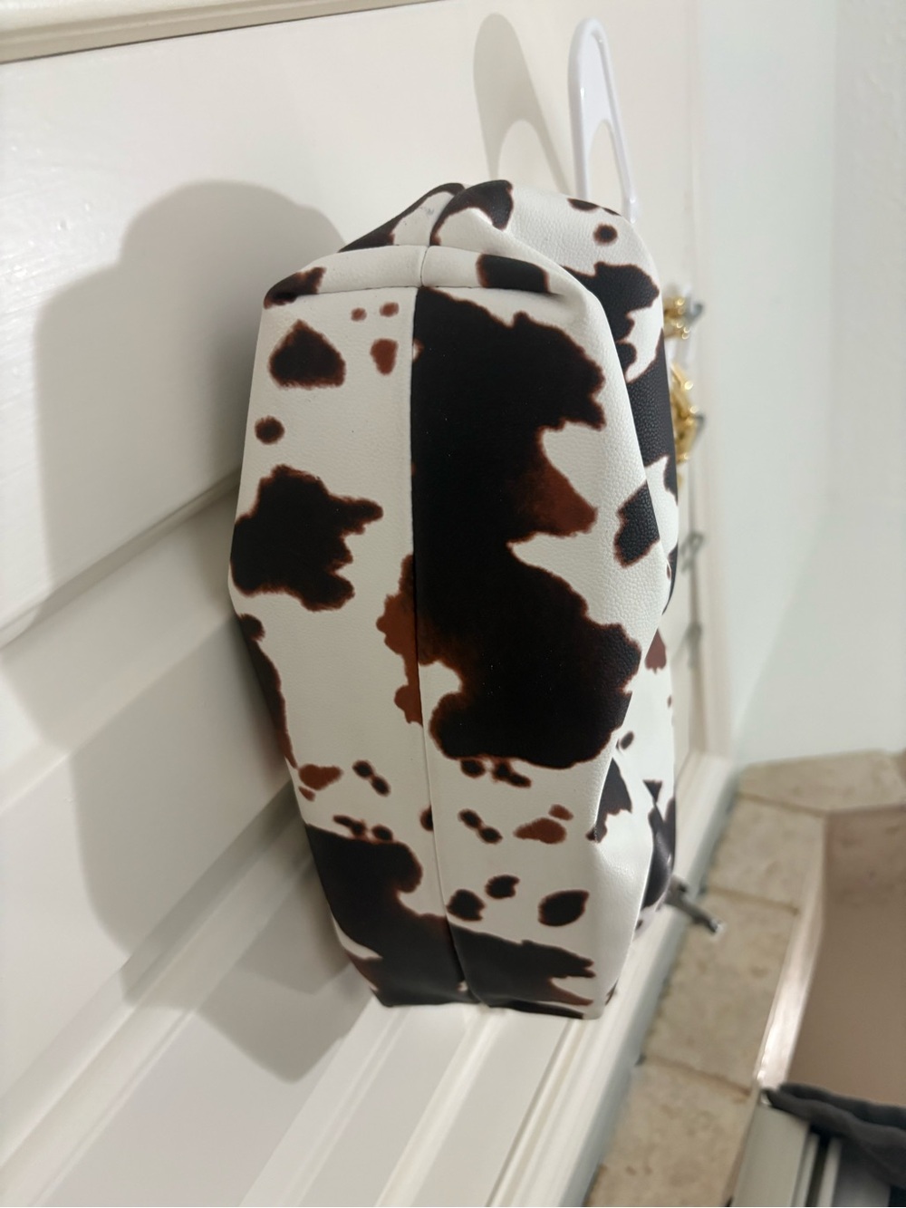 Cow Print Mini Shoulder Bag with Gold Chain Strap - Brown & White - Picture 4 of 10